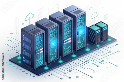 Modern Data Center with Server Racks and Digital Technology Illustration