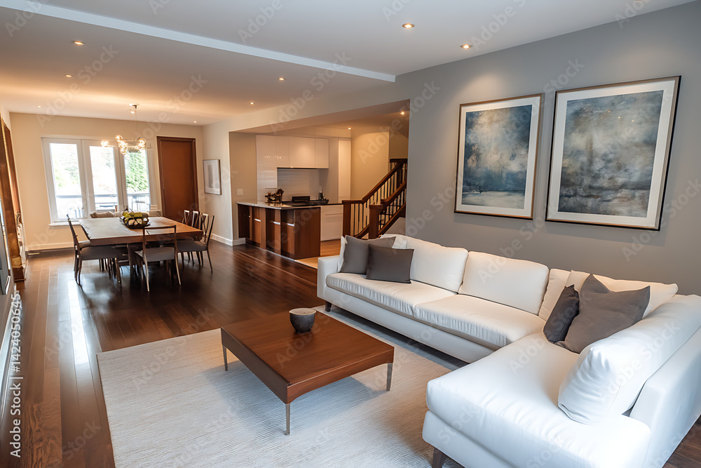Fototapeta premium Photograph of a modern living room with a dark brown wooden floor, a white sofa, and a dining table in the background.
