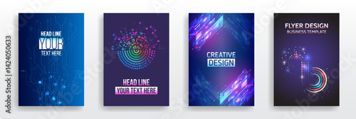 Scientific cover template for presentation, banner. Page layout set for sci-fi. Set of high-tech covers for marketing. Modern technology design for posters. Futuristic background for flyer, brochure.