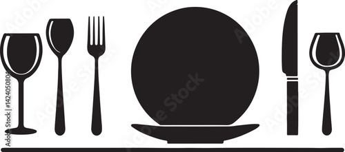Set of 6 silhouette icons related to dining. Flat black color icon collection. Editable filled design artVector illustration.