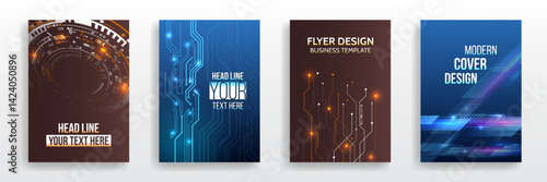 Modern technology design for posters. Futuristic background for flyer, brochure. Scientific cover template for presentation, banner. Page layout set for sci-fi. Set of high-tech covers for marketing.