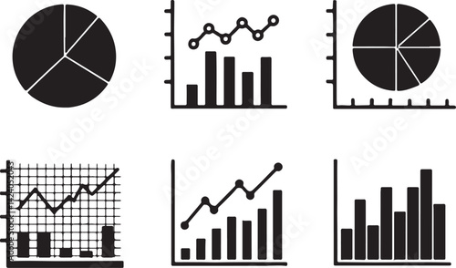 Set of 6 silhouette icons related to graph and chart. Flat black color icon collection. Editable filled design art. Vector illustration.