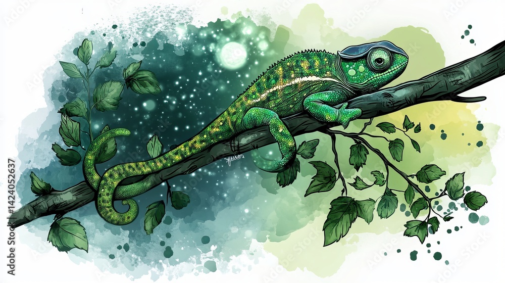 Fototapeta premium Green Chameleon on Branch Watercolor Painting Nature Illustration Artistic Reptile Exotic Wildlife Detailed Drawing Vivid Colors Tropical Animal Art 