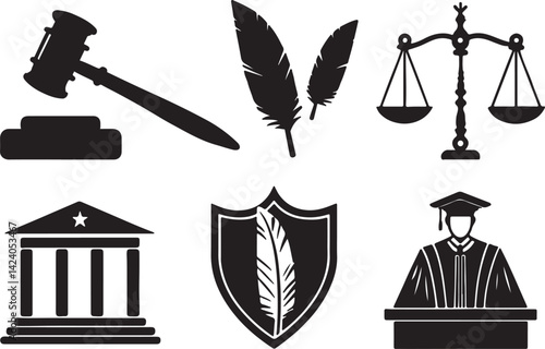 Set of 6 silhouette icons related to law, legal, lawer and agrement. Flat black color icon collection. Editable filled design art. Vector illustration.