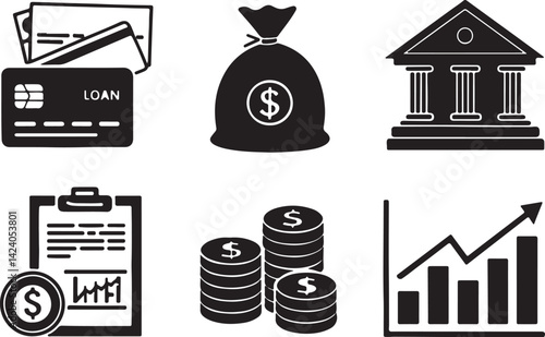 Set of 6 silhouette icons related to loan and credit. Flat black color icon collection. Editable filled design art. Vector illustration.