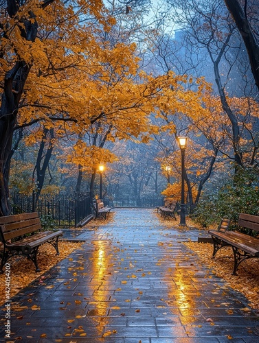 Serene autumn path illuminated by vintage lampposts after rainfall