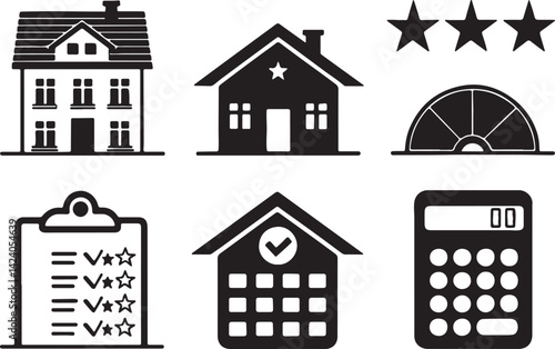 Set of 6 silhouette icons related to mortgage, credit, rating and calculator. Flat black color icon collection. Editable filled design art. Vector illustration.