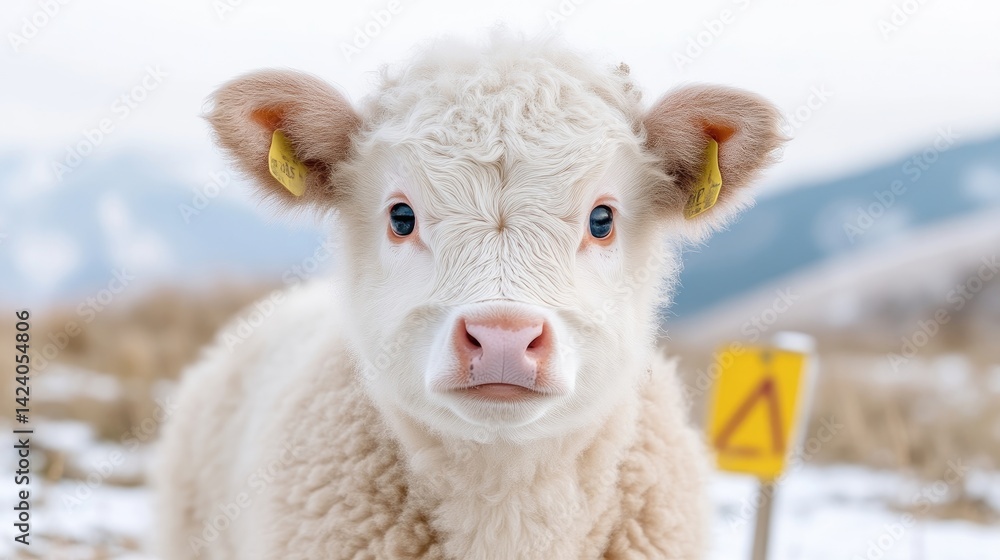 Close-up of a fluffy white calf, gentle gaze Close-up of a fluffy white calf, gentle gaze