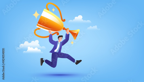 businessman shouting through trophy, cheerful celebrate winner,