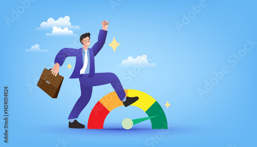 businessman with briefcase and milestone, abstarct business concept.