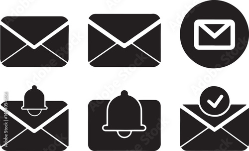 Set of 6 silhouette icons related to notification in inbox. Flat black color icon collection. Editable filled design art. Vector illustration.