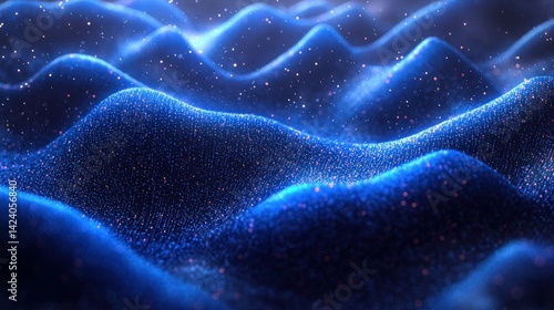 Abstract digital landscape of undulating blue particles