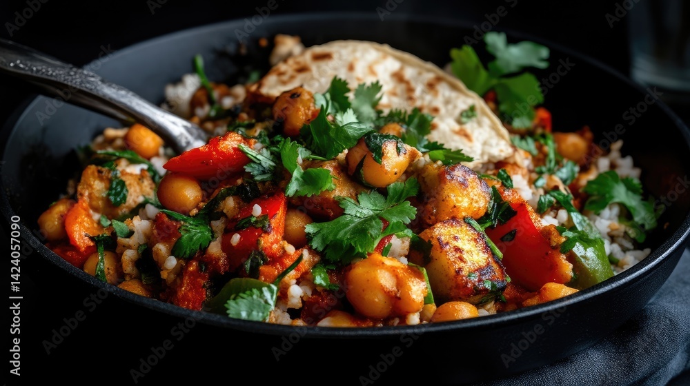 Flavorful, healthy bowl with rice, chickpeas, vegetables, and a tortilla Flavorful, healthy bowl with rice, chickpeas, vegetables, and a tortilla