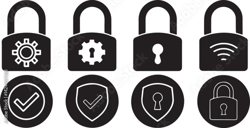 Set of 6 silhouette icons related to smart and digital technology locker and protection. Flat black color icon collection. Editable filled design art. Vector illustration.