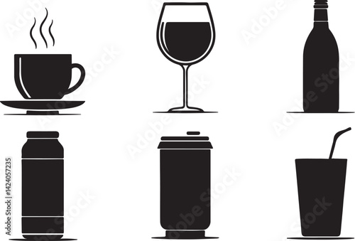 Set of 6 silhouette icons related to soft drinks thin. Flat black color icon collection. Editable filled design art. Vector illustration.