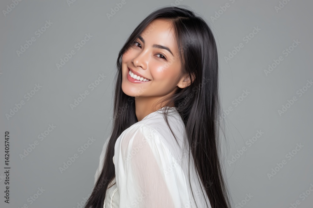 Beautiful smiling Filipina with long hair in a white blouse, against a solid light gray background. Beautiful smiling Filipina with long hair in a white blouse, against a solid light gray background.