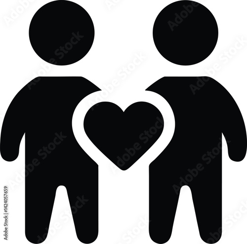 Two Figures Silhouette With Heart Between Icon, Couple Symbol On Transparent Background
