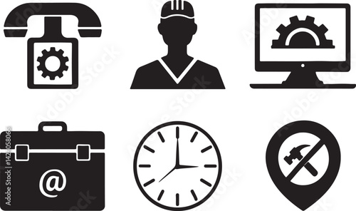 Set of 6 silhouette icons related to variant type of service. Flat black color icon collection. Editable filled design art. Vector illustration.