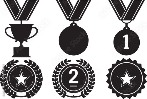 Set of 6 silhouette icons related to winner madel. Flat black color icon collection. Editable filled design art. Vector illustration.