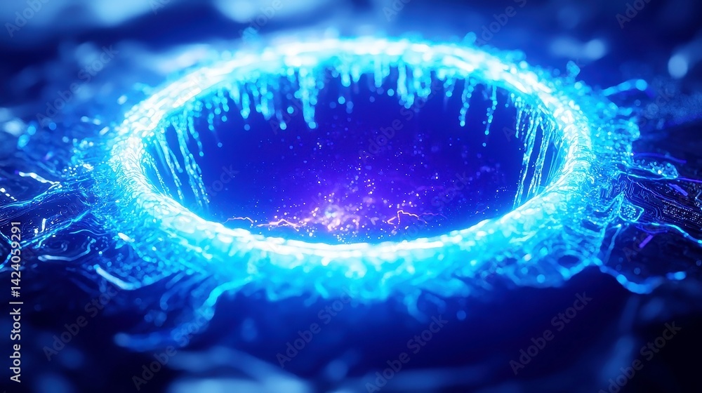 Fototapeta premium Quantum Blue Portal, a vibrant circuit motherboard with glowing wires, set in a microscopic sci-fi landscape where radiant electrons resemble luminous creatures, evoking a sense of wonder.