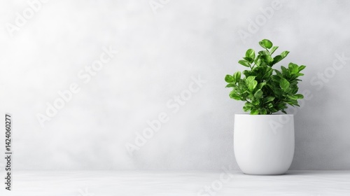 Wallpaper Mural A small green plant sits in a white pot against a textured, light gray background. Torontodigital.ca