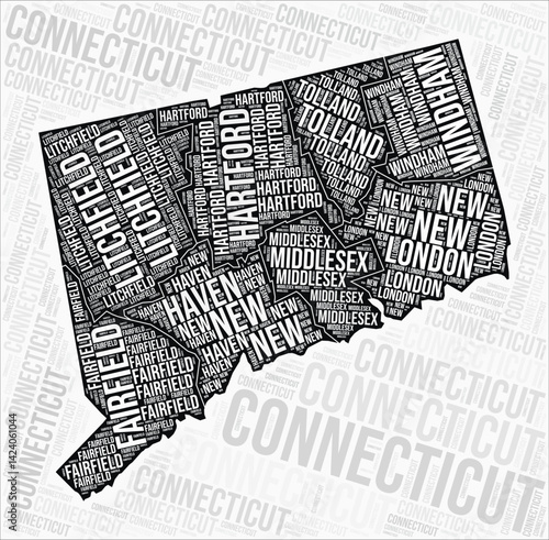 Connecticut counties map word cloud. Connecticut region names. Black and white map design. Classy vector illustration.
