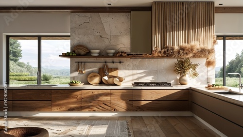 This kitchen combines sleek design with organic materials and textures