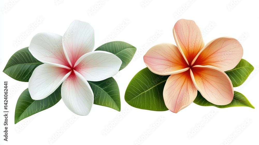 Fototapeta premium Beautiful Plumeria Flowers with Lush Green Leaves Isolated White Background Tropical Floral Design Elegant Nature Botanical Illustration Perfect for 