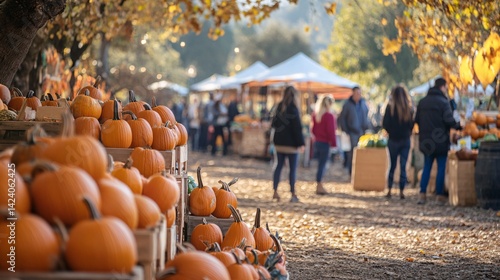 Fototapeta Naklejka Na Ścianę i Meble -  Shoppers enjoying an autumn harvest festival at a farmers market with pumpkins in the foreground