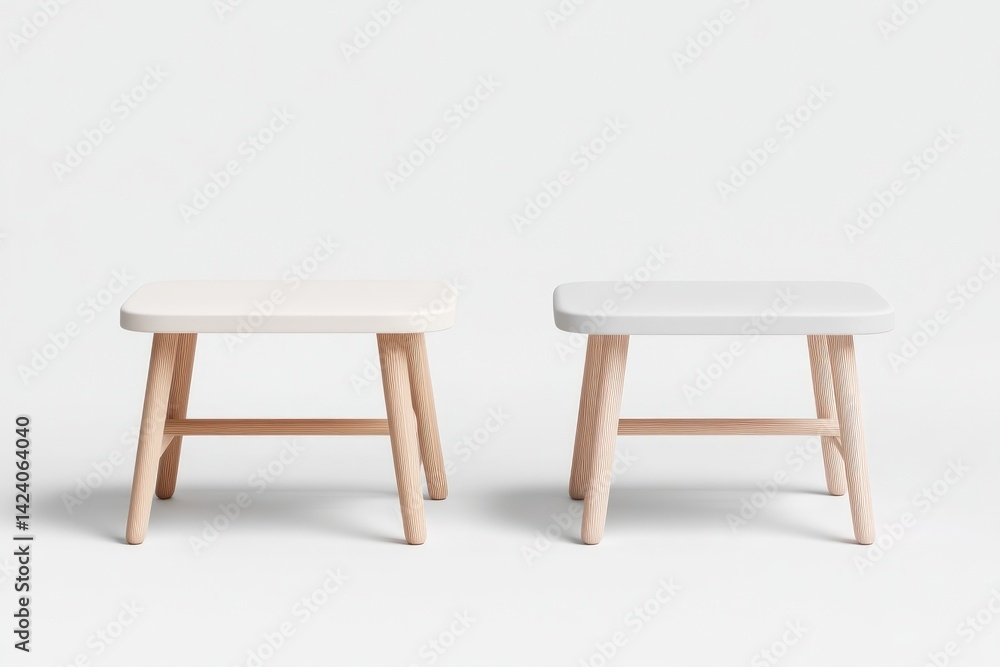Fototapeta premium Two small, minimalist wooden stools with light-colored seats stand against a white background.