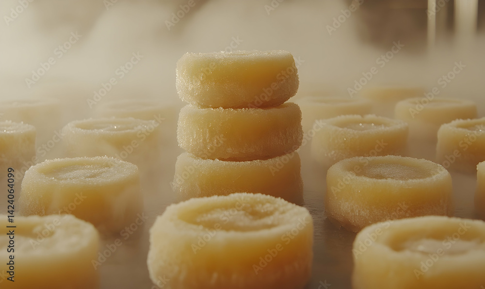 Frozen dessert rounds being prepared in a steamy kitchen with soft lighting and blurred background Frozen dessert rounds being prepared in a steamy kitchen with soft lighting and blurred background