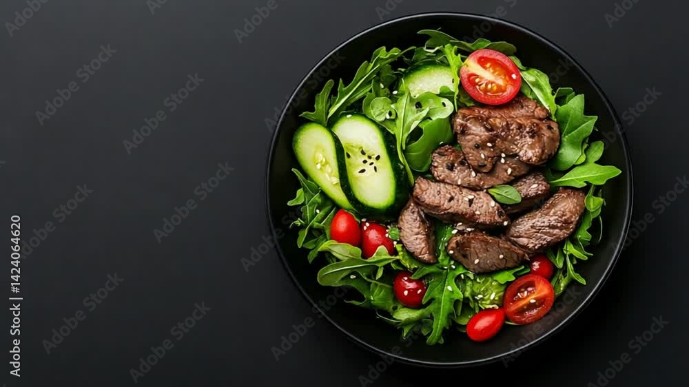 Fresh Salad with Sliced Steak, Cherry Tomatoes, and Cucumbers on a Dark Background Fresh Salad with Sliced Steak, Cherry Tomatoes, and Cucumbers on a Dark Background