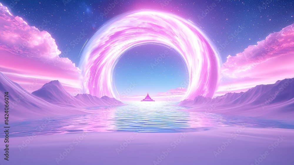 Fototapeta premium Futuristic Celestial Landscape with swirling cosmic patterns, a majestic galactic temple emerging from starlit ocean waves under a vast blue backdrop.