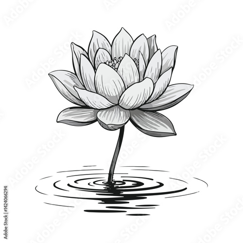 Vintage floral vector illustration of a black and white lotus in the water