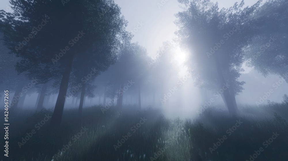 Naklejka premium Enigmatic Foggy Forest: Sunbeams Piercing Through Misty Trees