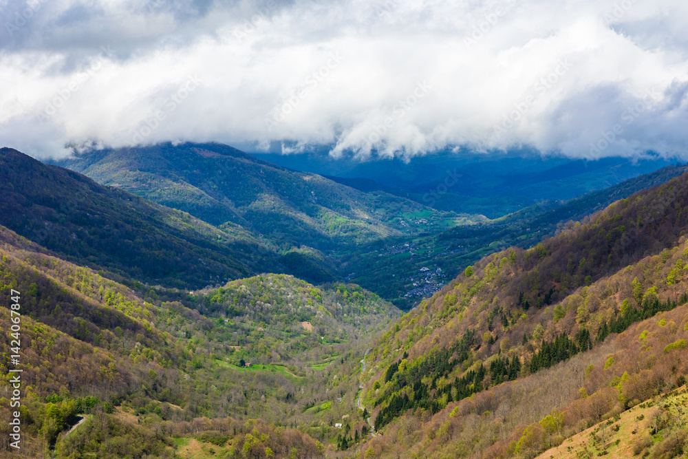 Panorama of the Bethmale valley in spring from the Col de la Core, in the Couserans region of Ariège