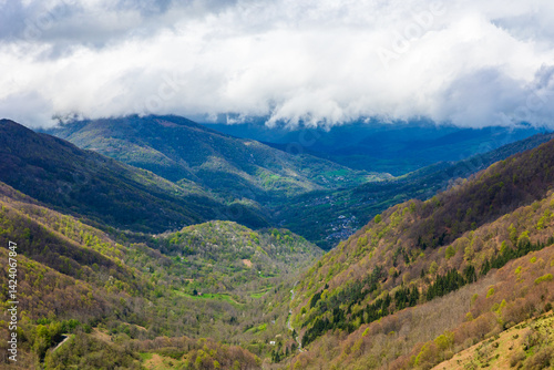 Panorama of the Bethmale valley in spring from the Col de la Core, in the Couserans region of Ariège
