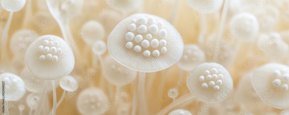 Close-up of a cluster of delicate white mushrooms with tiny white dots Close-up of a cluster of delicate white mushrooms with tiny white dots