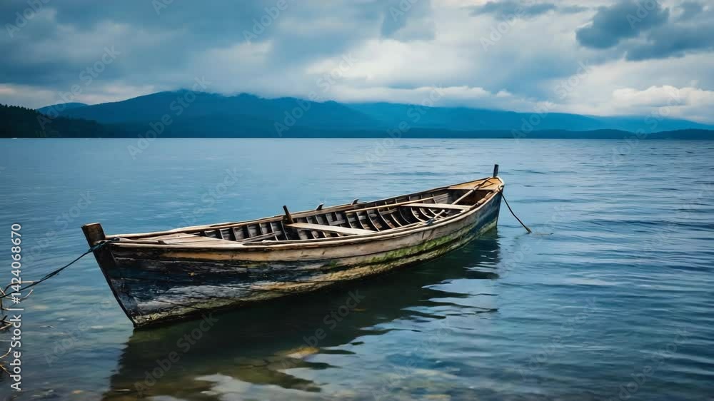 Rustic wooden rowboat adrift on a calm blue lake with forested mountains under a cloudy sky, showcasing peaceful nature scene Rustic wooden rowboat adrift on a calm blue lake with forested mountains under a cloudy sky, showcasing peaceful nature scene