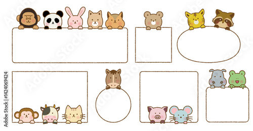 手書き風　顔を出すかわいい動物たちのフレームのセット