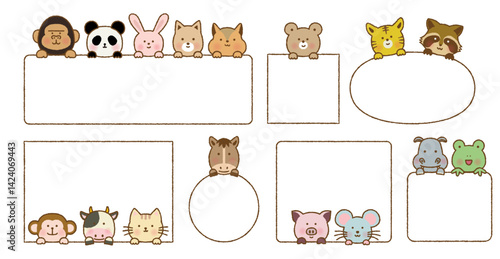 手書き風　顔を出すかわいい動物たちのフレームのセット