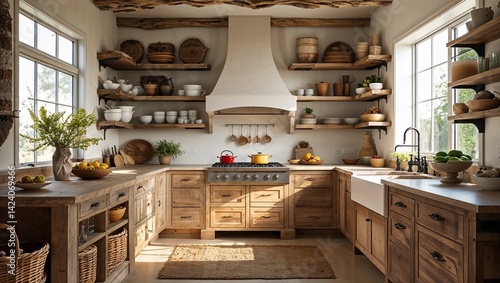 The kitchen thrives on natural light and organic textures