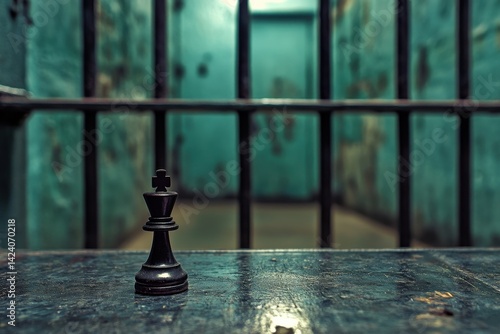 Black chess king piece on table in a prison cell environment