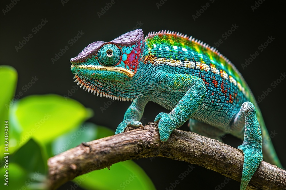 A colorful chameleon perched on a branch, its scales shifting from green to blue. A colorful chameleon perched on a branch, its scales shifting from green to blue.