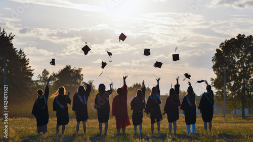 Graduates joyfully tossing caps in the air at sunset, marking the end of their academic journey and the beginning of a new chapter