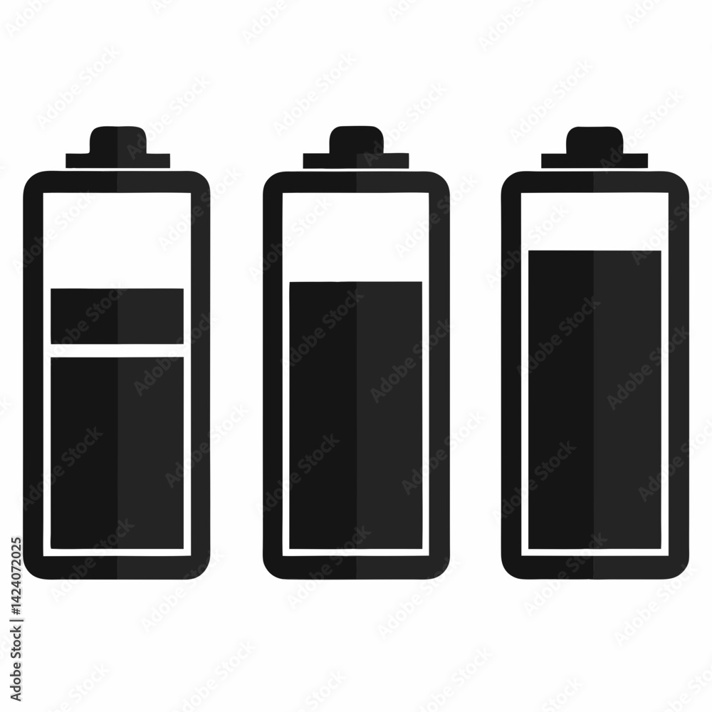 Battery Battery (Full, Half, Empty) vector silhouette black design white background Battery Battery (Full, Half, Empty) vector silhouette black design white background