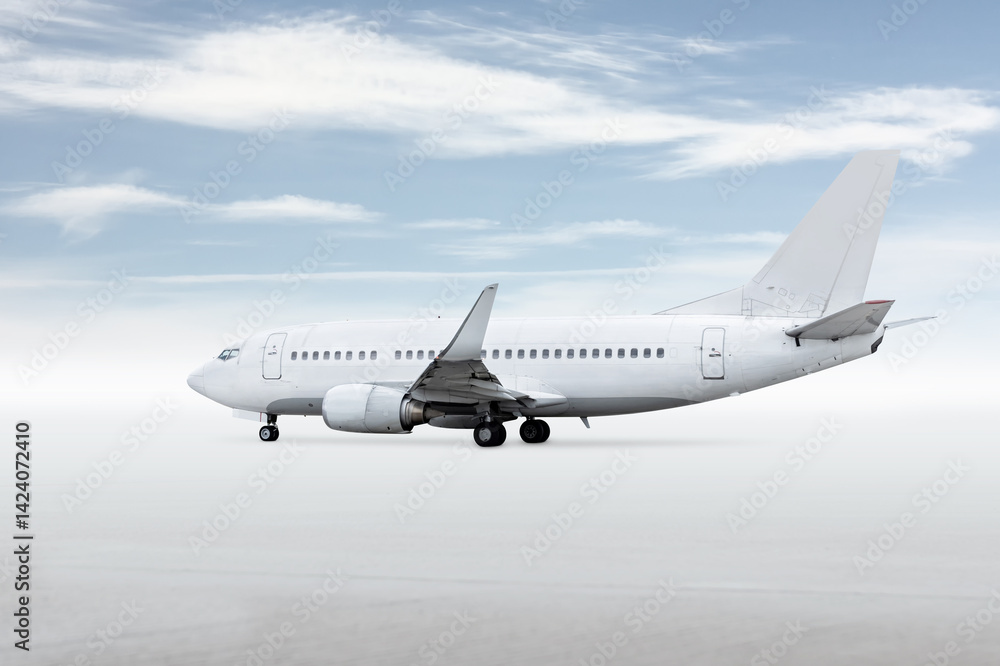 White passenger jetliner isolated on bright background with sky White passenger jetliner isolated on bright background with sky