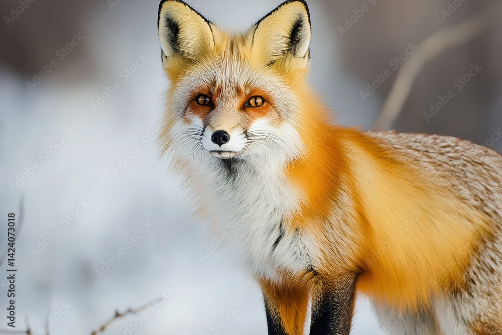 Fototapeta premium A curious red fox with a bushy tail, standing gracefully with its fur glistening