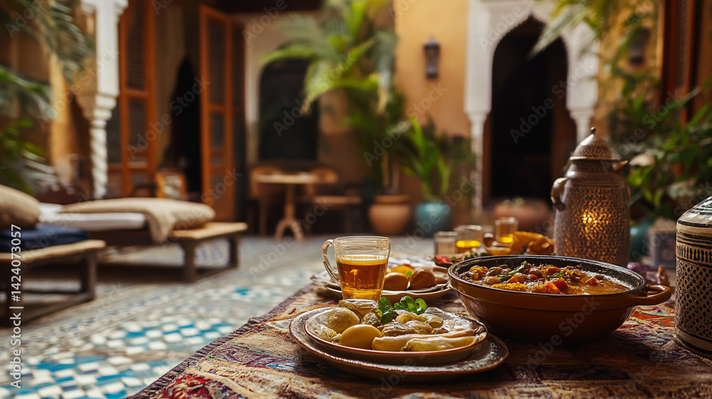 A iftar scene with tajine and mint tea in a riad courtyard. A iftar scene with tajine and mint tea in a riad courtyard.
