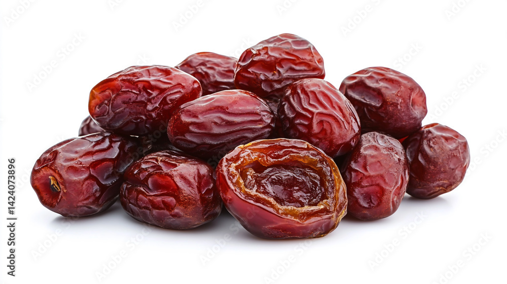 A pile of whole dried Chinese red dates alongside a halved date, isolated on a clean white background, highlighting their rich color and texture. A pile of whole dried Chinese red dates alongside a halved date, isolated on a clean white background, highlighting their rich color and texture.